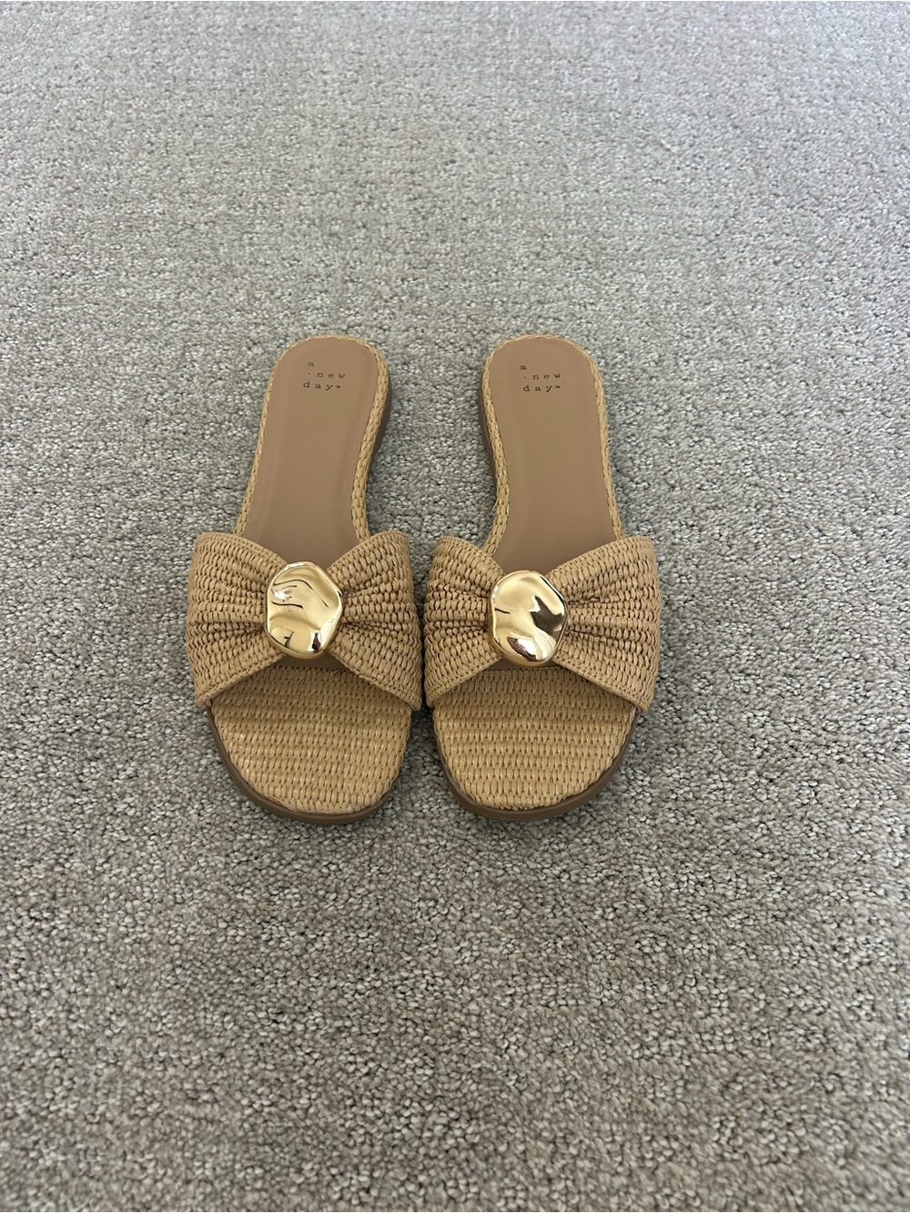 Tan Bow Slide Sandals with Gold Accent